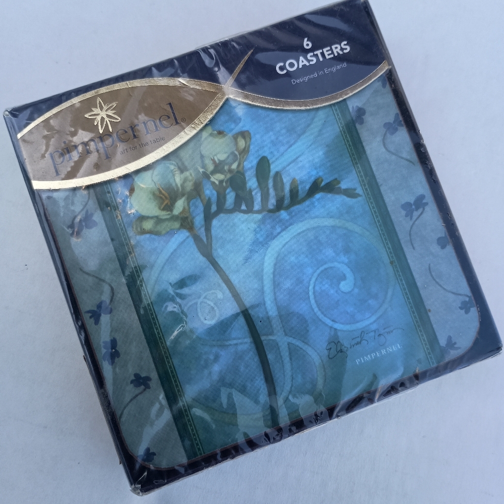 NEW Pimpernel Blue Freesia Flowers Floral Collection Cork-Backed Coasters Set 6